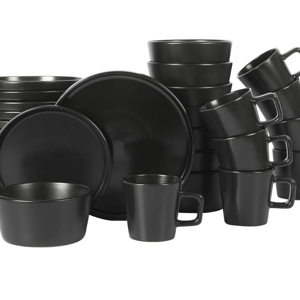 Black set of dining plates service for 8